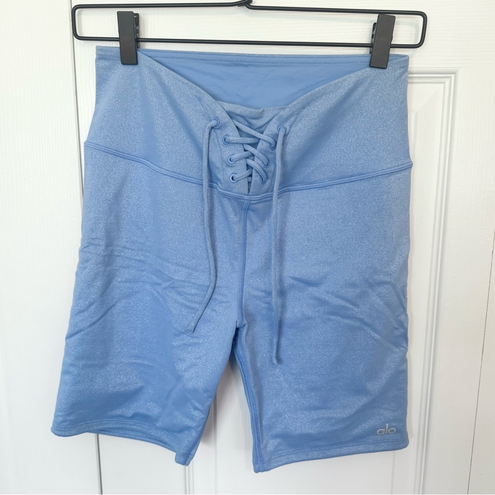 ALO Yoga Women's Blue Lace-Up Shorts Glitter Blue MEDIUM
